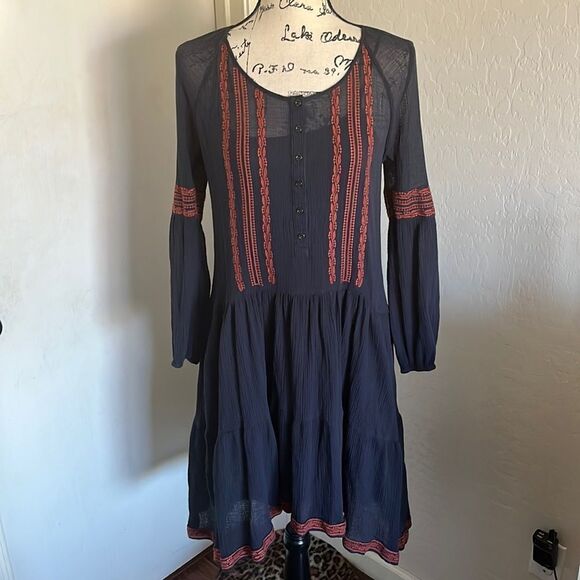 Free People Blue & Orange Embroidered Dress Boho Contemporary Feminine Casual - Picture 5 of 16
